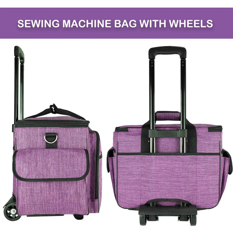 Smooth Rolling Sewing Machine Case With Wheels And Solid Frame Easily Haul Your Craft Gear Across Town As A Comfy Purple Trolley Tote Side and front view