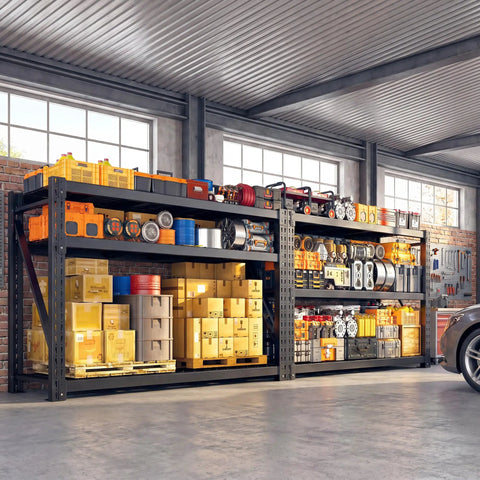 Rock Solid Industrial Storage Shelves 2 Pack 8250 Pound Capacity Heavy Duty 3 Tier Adjustable Metal Rack For Garage Warehouse Workshop filled with tools and boxes.