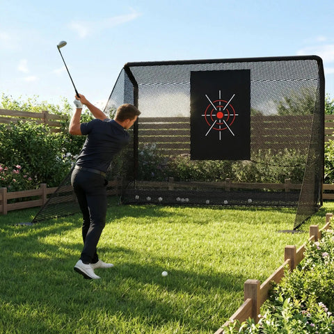 Golfer using Backyard Golf Practice Net 10x7ft With Auto Ball Return And Side Barriers Pro Grade Easy Setup Outdoor Practice