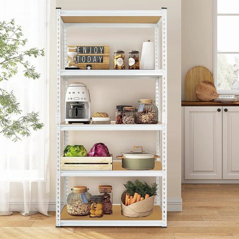 White 5 Tier Metal Storage Shelves 31.5 By 15.75 By 72 Inches Adjustable Utility Rack For Garage Kitchen filled with kitchen items.