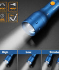 Ultra Bright Tactical Flashlight with 900 Lumen Zoomable Beam and Adjustable Focus shown with three light modes in blue.