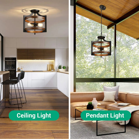 Semi Flush Mount Ceiling Light Fixture With Detachable Chain In Dope Farmhouse Metal Wood Grain Finish in kitchen and living room