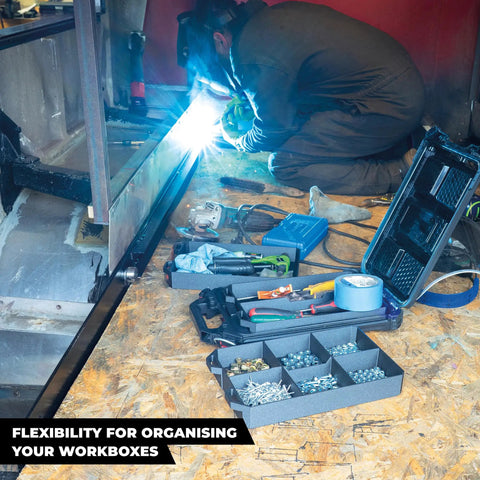 Quad FlexiTray Flexible Tool Tray System For Milwaukee PACKOUT compatible organizer with tools and bolts in workshop.