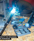 Six FlexiTray Flexible Tool Trays Milwaukee PACKOUT Compatible organizer in van with tools, bolts, and parts visible
