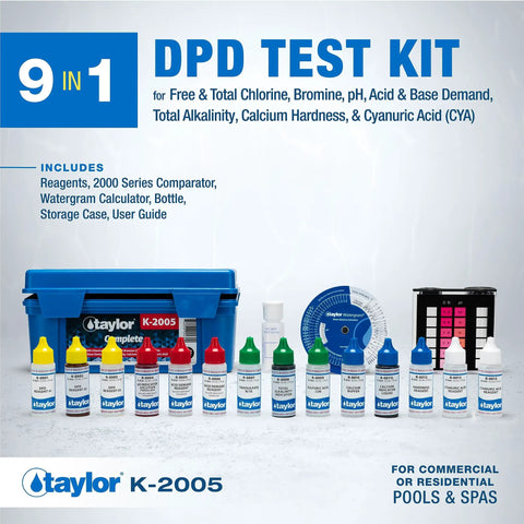 Straightforward 9-In-1 Dpd Pool Spa Water Testing Kit With Hardshell Carry Case showing reagents and comparators for testing.