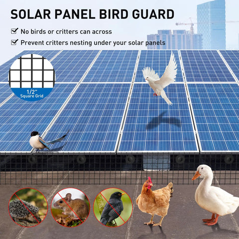 Premium Heavy Duty Solar Panel Critter Guard 8 Foot By 100 Feet With 100 Fastener Clips Black Pvc Coated Steel rooftop barrier on solar panels.