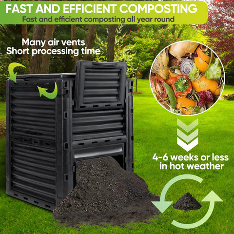 80 Gallon Garden Compost Bin Made From BPA Free Material No Fuss Assembly with compost shown in black outdoor setup