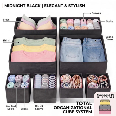 8 Pack Fabric Drawer Organizer Bins with Versatile Multi Size Storage Cubes for Clothing and Gear to Declutter Your Dresser Effortlessly Sleek Black Color with various clothing.