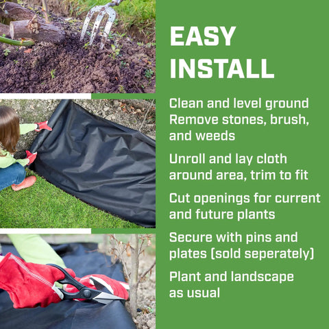 Installation process of No Nonsense Weed Barrier Landscape Fabric, 70Gsm PP, UV Resistant And Breathable, 3 By 50 Ft Roll Black.