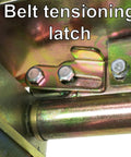 Belt tensioning latch detail of Heavy Duty 2X48 Belt Bench Grinder Attachment With 8 Inch Contact Wheel And 7 Inch Disc No Hassle Quick Change Auto Tensioning Setup Badass Knifemaking And Blade Sharpening Tool Fits Half And Five Eighths Shafts Shop Ready Beast.