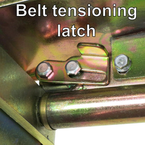 Belt tensioning latch detail of Heavy Duty 2X48 Belt Bench Grinder Attachment With 8 Inch Contact Wheel And 7 Inch Disc No Hassle Quick Change Auto Tensioning Setup Badass Knifemaking And Blade Sharpening Tool Fits Half And Five Eighths Shafts Shop Ready Beast.