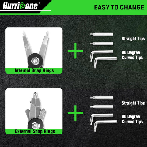 Pro Grade 8 Inch Quick Turn Snap Ring Pliers With Interchangeable Tips for Internal and External Rings, Straight and 90 Degree Curved Tips.