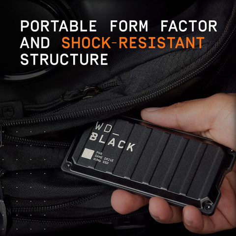 Hand holding P40 Game Drive SSD 1TB Portable External Solid State Drive With Lit RGB Lighting near open backpack