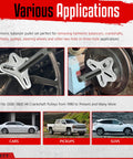 Various automotive applications of the Harmonic Balancer Puller Set for cars, pickups, and SUVs with detailed images of pulleys.