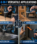 Tough As Nails 21v Cordless Drill Driver Kit With Two Batteries And Five Cleaning Brushes Fifty Nm Torque, wood and metal drilling.