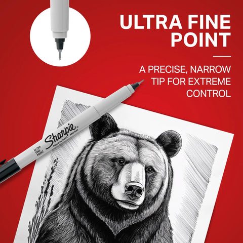 Premium Ultra Fine Permanent Markers In Black Offer A Solid Twelve Pack Kit With Fast Dry Ink, showcasing ultra fine point tip on bear sketch.