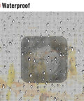Window Screen Patch Kit With 10 4X4 Black Patches Self Adhesive 3 Layer Mesh Tape For Tears And Holes In Window And Door Screens Quick DIY Fix Easy Home Improvement For Instant Screen Repair, waterproof screen patch on mesh with raindrops.