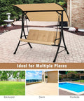 Three Person Porch Swing With Removable Cushions, Solid Steel Frame, Outdoor Patio Swing With Adjustable Canopy For Garden, Backyard, Balcony Or Poolside Beige on patio