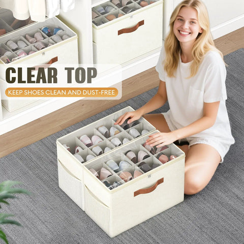 Two Pack Clear Shoe Organizer for Closet With Foldable Storage Containers and Adjustable Dividers Fits Up To Sixteen Pairs Reinforced Handles Space Saving Beige Shoe Storage Bins