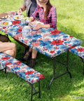 Floral Picnic Table And Bench Cover Set Windproof Dustproof And Washable Rectangle Tablecloths for outdoor use at a picnic
