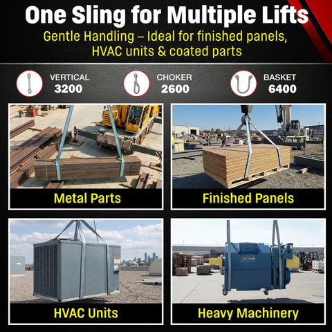 Heavy Duty 1 Inch By 6 Foot Polyester Lifting Sling For Rigging, 3200 Lb Vertical, 2600 Lb Choker, 6400 Lb Basket, 2 Ply 900 Webbing