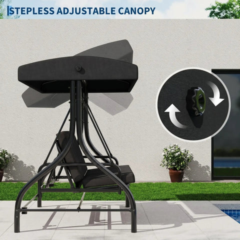 Side view of a black Three-Seat Outdoor Porch Swing With Adjustable Canopy For Sun Protection, showing canopy knob