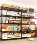 Heavy Duty Metal Shelving Rack With Five Layers And Mega Capacity To Store Kitchen Gear Power Tools And Pantry Supplies Without Breaking A Sweat 59 Inches Wide filled with jars and containers.