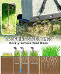Tow Behind Lawn Dethatcher With 24 Spring Steel Tines And Heavy Duty Carbon Steel Frame, 48 Inch Wide, shown dethatching lawn