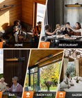 Collage of infrared patio heater in home, restaurant, bar, backyard, and gazebo settings; Infrared Patio Heater 1500W With Remote, 2.5 Second Instant Heat, Memory Function, 4 Heat Levels, IP65 Waterproof Indoor Outdoor Space Heater For Garage And Backyard Black
