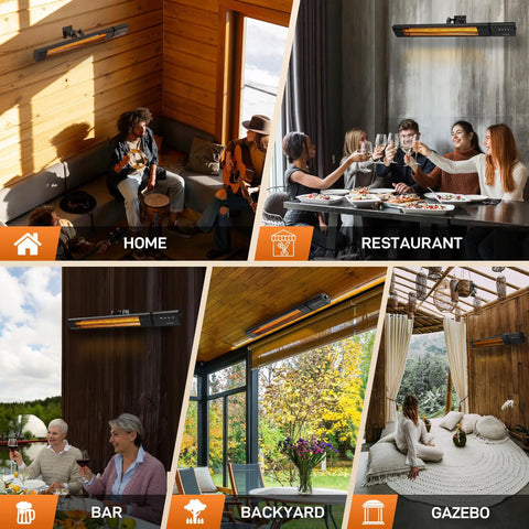 Collage of infrared patio heater in home, restaurant, bar, backyard, and gazebo settings; Infrared Patio Heater 1500W With Remote, 2.5 Second Instant Heat, Memory Function, 4 Heat Levels, IP65 Waterproof Indoor Outdoor Space Heater For Garage And Backyard Black