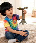 Hella Impressive Balancing Eagle Sculpture Desk Flex For Home Office Tabletop Shelf Decor Solid Wooden Base Centerpiece with a child holding it.
