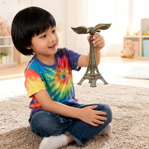 Hella Impressive Balancing Eagle Sculpture Desk Flex For Home Office Tabletop Shelf Decor Solid Wooden Base Centerpiece with a child holding it.