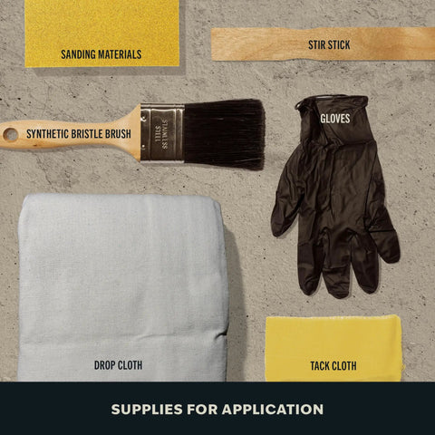 Painting supplies for Crystal Clear Water Based Polyurethane For Interior Wood Projects Top Notch Protection Fast Dry Time Easy Soap And Water Cleanup Gloss Finish Stain And Scratch Resistant Great For Furniture Cabinets Trim Half Pint, including brush, gloves, sandpaper, stir stick, tack cloth, and drop cloth.