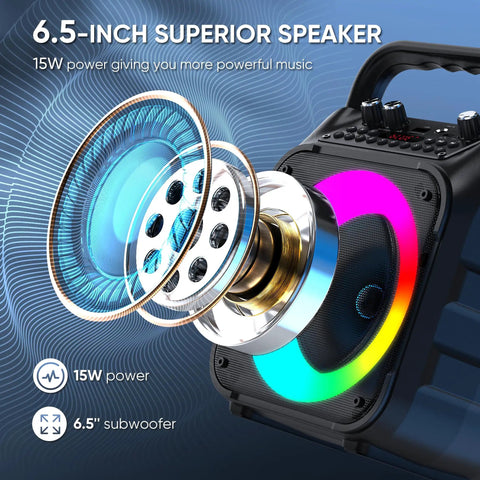 Totally Party-Ready Portable Bluetooth Karaoke System With Two Wireless Mics showing 6.5-inch speaker and LED lights