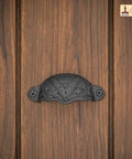 Set of 4 Black Cast Iron Cup Drawer Pulls Featuring Mystic Colonial Medieval Design, Rock Solid Hardware at 3 1/4 Inches on wood door