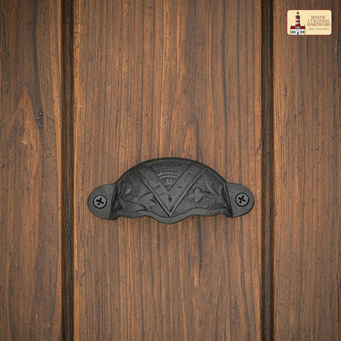 Set of 4 Black Cast Iron Cup Drawer Pulls Featuring Mystic Colonial Medieval Design, Rock Solid Hardware at 3 1/4 Inches on wood door