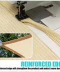 Close-up of reinforced edge and sewing process of Beige 10 By 16 Foot Rectangle Shade Sail For Patio Garden And Backyard Blocks 95 Percent UV Rays Cools Space 10 To 15 Degrees Fahrenheit Heavy Duty 200GSM HDPE Breathable Outdoor Fabric Tear Resistant With Double Stitched Edges