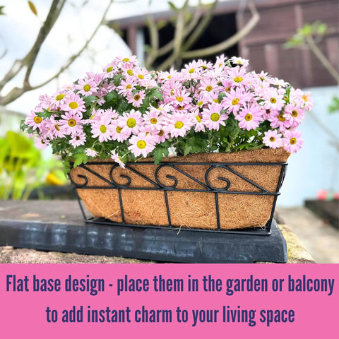 Two Pack 16 Inch Rectangular Metal Wall Planters For Outdoor Plants, Balcony Rail Garden Baskets With Coco Liners