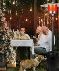 Powerful 50,000 BTU Propane Patio Heater On Wheels For Backyard Hangouts And Outdoor Dining next to outdoor dining table