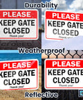 Two Pack Keep Gate Closed Signs, 7 By 10 Inch Reflective Aluminum Gate Signs for Outdoor Fences, shown on various surfaces