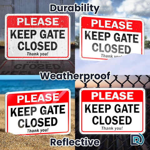 Two Pack Keep Gate Closed Signs, 7 By 10 Inch Reflective Aluminum Gate Signs for Outdoor Fences, shown on various surfaces