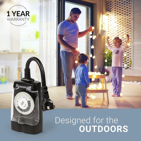 Waterproof Outdoor Plug Timer With Dual Grounded Outlets, Analog Clock Schedule Controller, Straight Up Weatherproof Build, Hella Easy Setup For Garden Lighting, 2 Pack Bundle with family setting up lights.