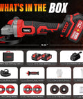 High Octane Brushless Cordless 4-1/2 To 5 Inch Angle Grinder Kit includes tools, batteries, charger, and accessories for metal cutting.