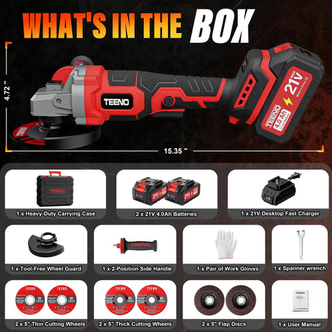 High Octane Brushless Cordless 4-1/2 To 5 Inch Angle Grinder Kit includes tools, batteries, charger, and accessories for metal cutting.