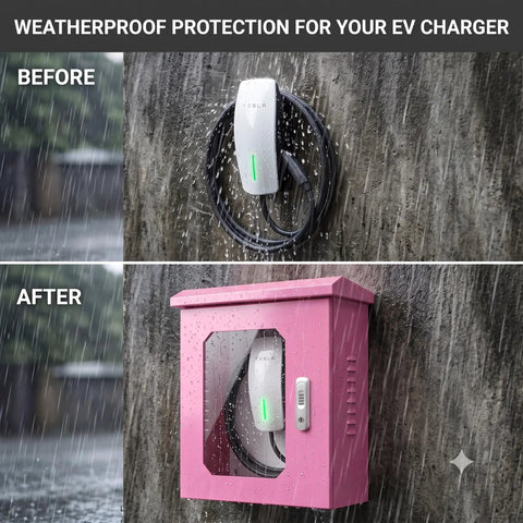 Heavy Duty Galvanized Steel EV Charger Protection Housing Box With Sloped Rain Hood And Secure Combo Lock For All Weather Outdoor Charging Stations Tough As Nails Weather Guard mounted on wall protecting EV charger from rain.