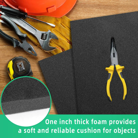 Six Polyurethane Foam Sheets For Toolbox Organization And Top Shelf Gear Protection Grip Tight Cushioning Pads 16 By 12 By 1 Inch on wooden surface with tools.