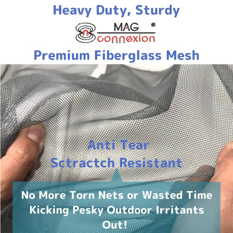 Hands holding heavy-duty premium fiberglass mesh of magnetic door screen for patio and front doors, 72x80 inch, anti-tear.