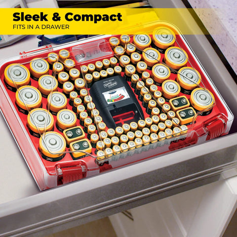 Smart Battery Organizer Case With Tester Double Sided Battery Daddy Style Storage holds up to 150 batteries in drawer