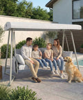 Family sitting on Oversized Outdoor Porch Swing With Adjustable Backrest And Canopy 2 In 1 Swing Bed 800 Lbs Capacity by poolside