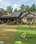 15 Inch Dethatching Rake For Lawn With Dual Edge Steel Head shown on vibrant green lawn, contrasting with brown grass section.